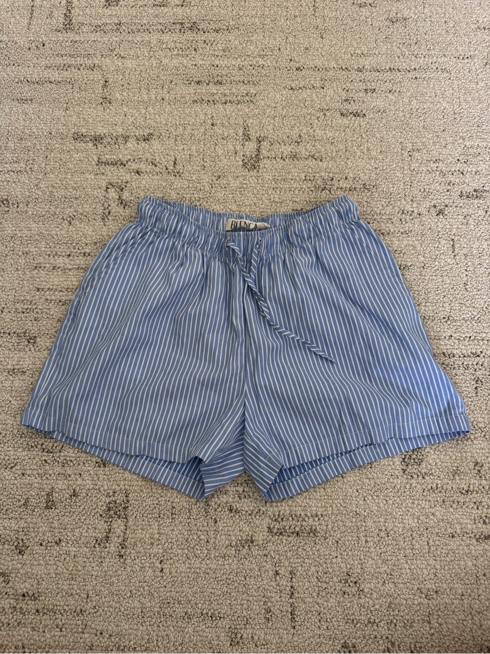 Blue and White Pinstripe Drawstring Shorts